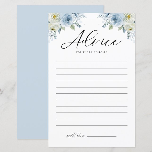 Blue Watercolor Floral Bridal Shower Advice Card (Front/Back)