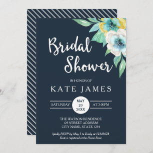 Blue Watercolor Floral Bridal Shower Invitation