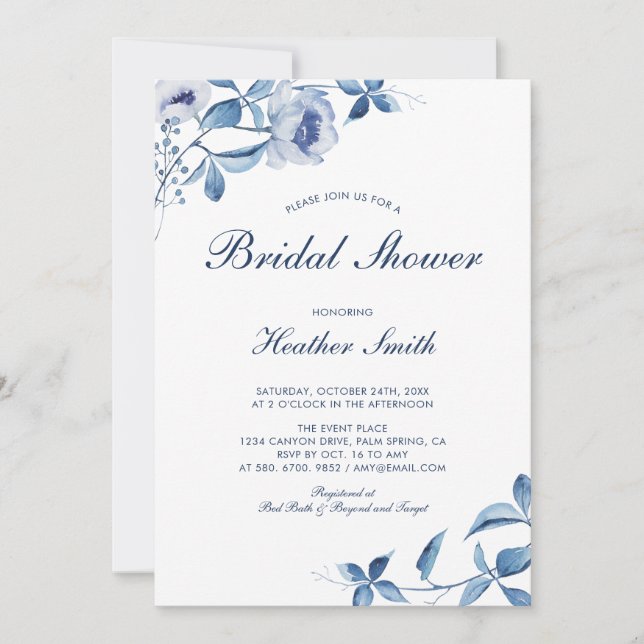 Blue Watercolor Floral Bridal Shower Invitation (Front)