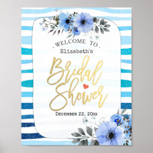 Blue Watercolor Floral Bridal Shower Welcome Sign