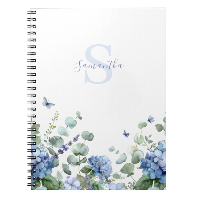 Blue Watercolor Floral Butterfly Monogram Name  Notebook (Front)