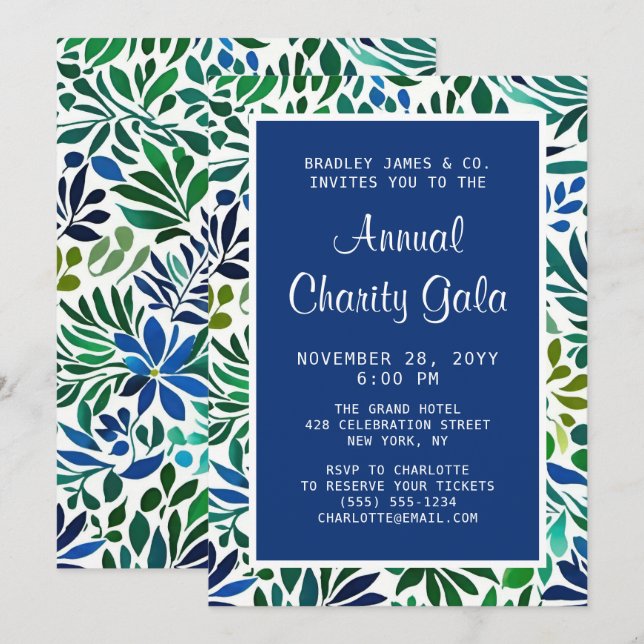 Blue Watercolor Floral Charity Event Gala Party Invitation (Front/Back)