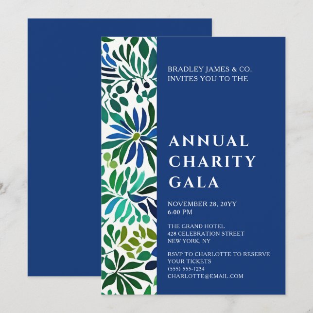 Blue Watercolor Floral Charity Event Gala Party Invitation (Front/Back)