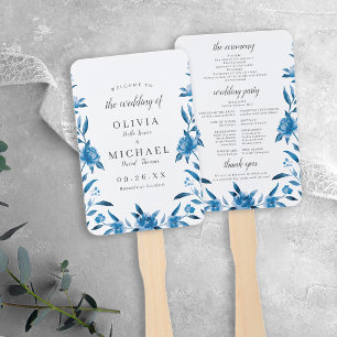 Blue Watercolor floral Chinoiserie Wedding Program Hand Fan