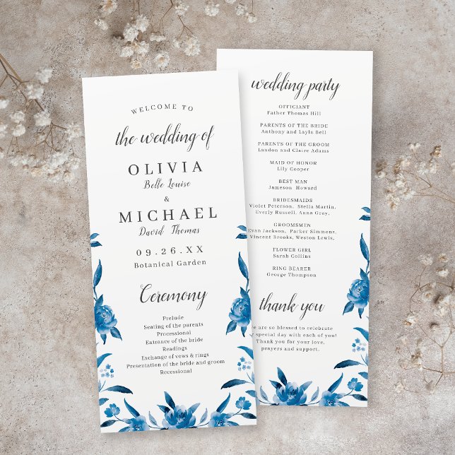 Blue Watercolor floral Chinoiserie Wedding Program Menu (Blue Watercolor floral Chinoiserie Wedding Program)