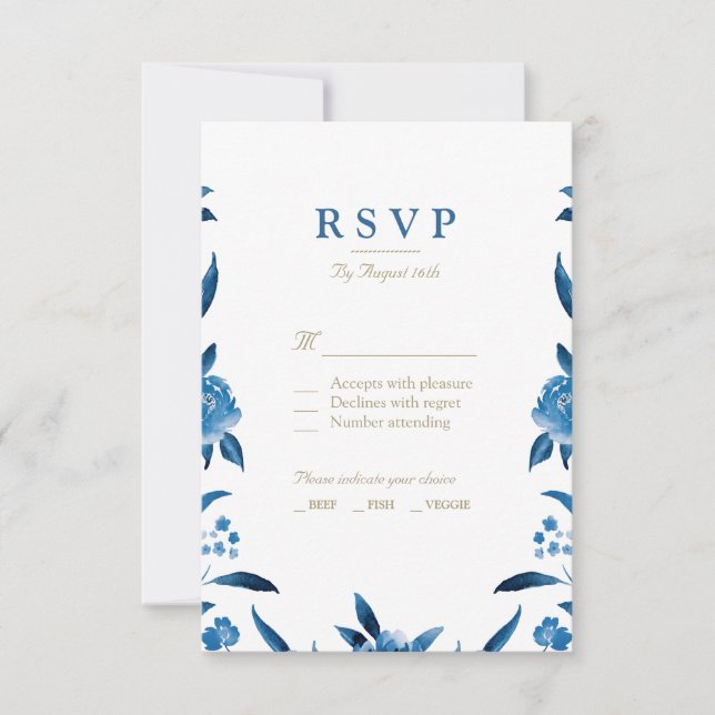 Blue Watercolor floral Chinoiserie Wedding RSVP Card (Front)