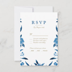Blue Watercolor floral Chinoiserie Wedding RSVP Card