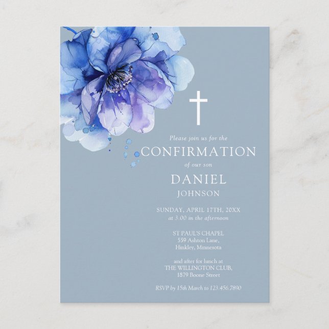 Blue Watercolor Floral Confirmation Invitation Postcard (Front)