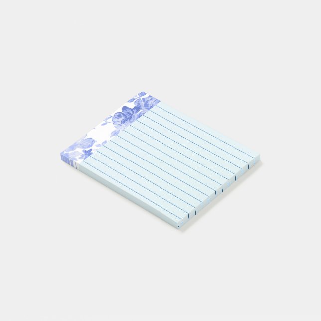 Blue Watercolor Floral Design, Lined Post-it Notes (Angled)