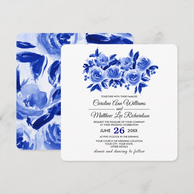 Blue Watercolor Floral Design Wedding Invitation (Front/Back)