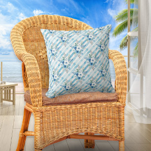 Blue Watercolor Floral & Diagonal Stripes Coastal  Cushion