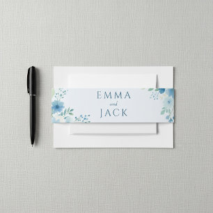 Blue Watercolor Floral elegant botanical wedding Invitation Belly Band