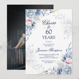 Blue Watercolor Floral Elegant Photo 60th Birthday Invitation