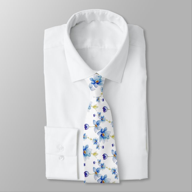 Blue Watercolor Floral, Elegant Tie (Tied)