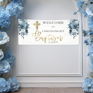 Blue Watercolor Floral Faux Gold Boy Baptism Banner