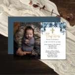 Blue Watercolor Floral Faux Gold Boy Photo Baptism Invitation<br><div class="desc">Blue monochromatic watercolor floral swag bouquets adorn the top of this photo design with a faux gold tone elaborate cross and the word "Baptism".  Simply add your child's photo,  name and Baptismal details.  Composite design by Holiday Hearts Designs (rights reserved).  Template placeholder photo courtesy Unsplash.</div>