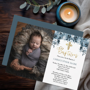 Blue Watercolor Floral Faux Gold Boy Photo Baptism Invitation