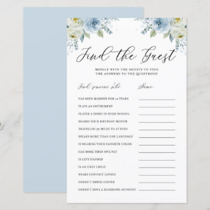 Blue Watercolor Floral Find the Guest Shower Game