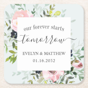 Blue Watercolor Floral Forever Starts Tomorrow Square Paper Coaster