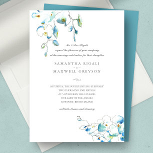 Blue Watercolor Floral Formal Wedding Invitations
