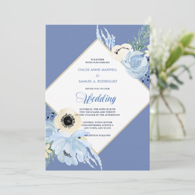 Blue Watercolor Floral Frame Wedding Invitation (Standing Front)