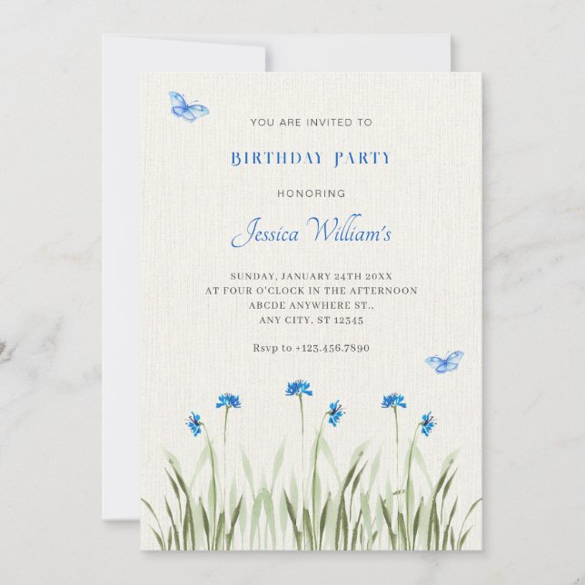 Blue watercolor floral garden invitation (Front)