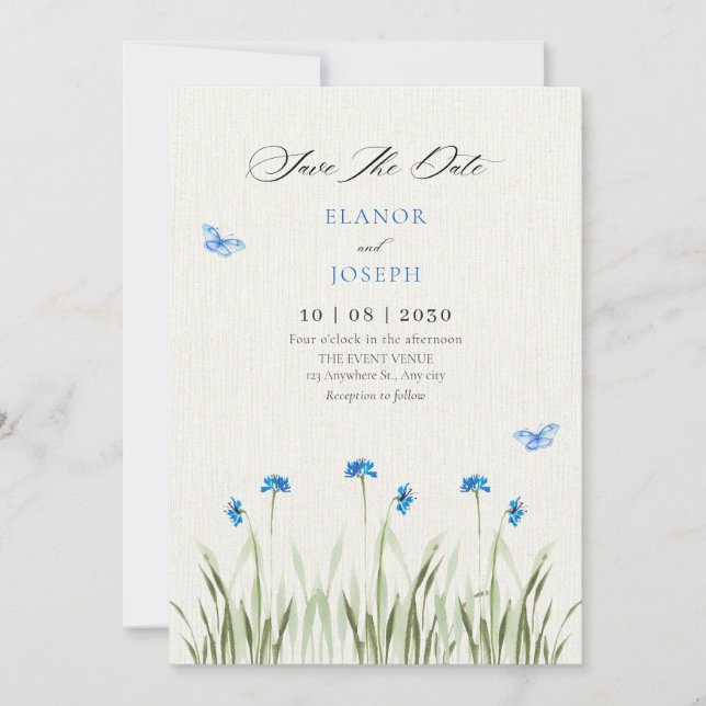Blue watercolor floral garden  save the date (Front)