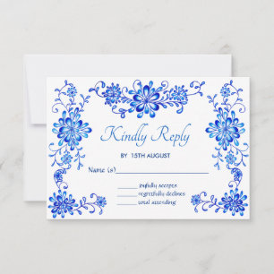 Blue Watercolor Floral Garland Wedding RSVP Card