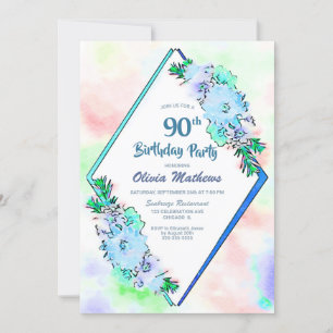 Blue Watercolor Floral Geometric 90th Birthday Invitation