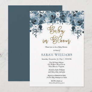 Blue Watercolor Floral   Gold Baby in Bloom Shower Invitation