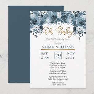 Blue Watercolor Floral   Gold Boy Oh Baby Shower Invitation