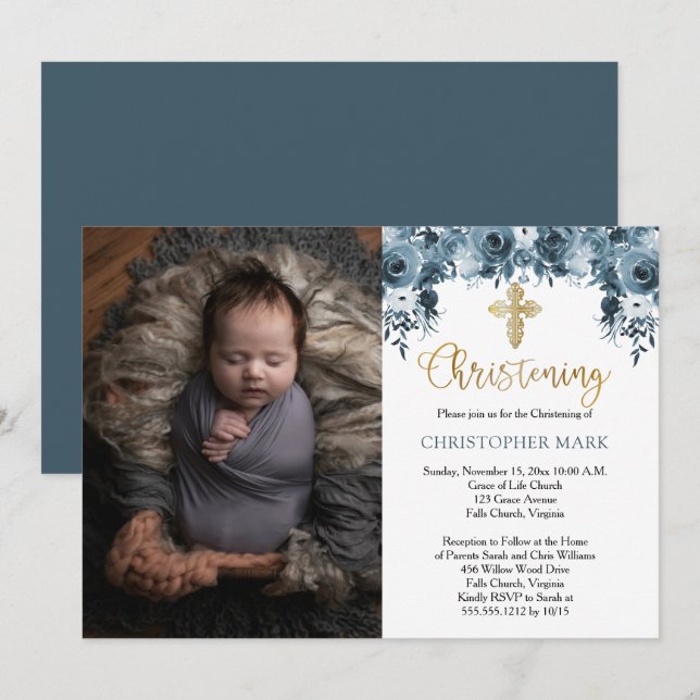 Blue Watercolor Floral Gold Boy Photo Christening Invitation (Front/Back)
