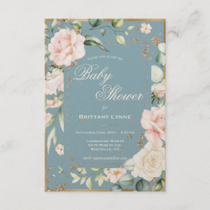 Blue Watercolor Floral Gold Frame Baby Shower  Invitation