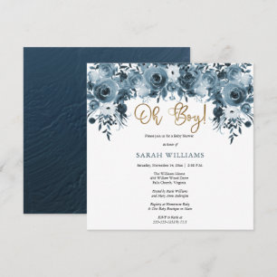 Blue Watercolor Floral   Gold Oh Boy Shower Invitation