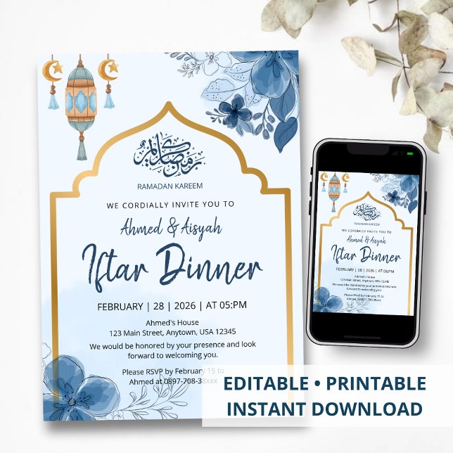Blue Watercolor Floral Iftar Dinner Ramadan Invitation (Creator Uploaded)