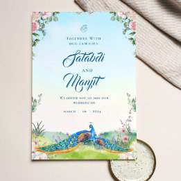 Blue Watercolor Floral Indian Peacock Wedding Invitation