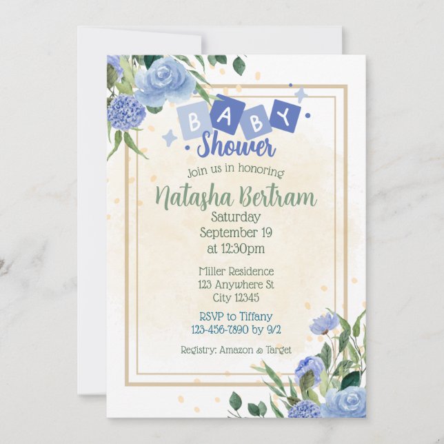 Blue Watercolor Floral Leaves Baby Shower Invitation (Front)