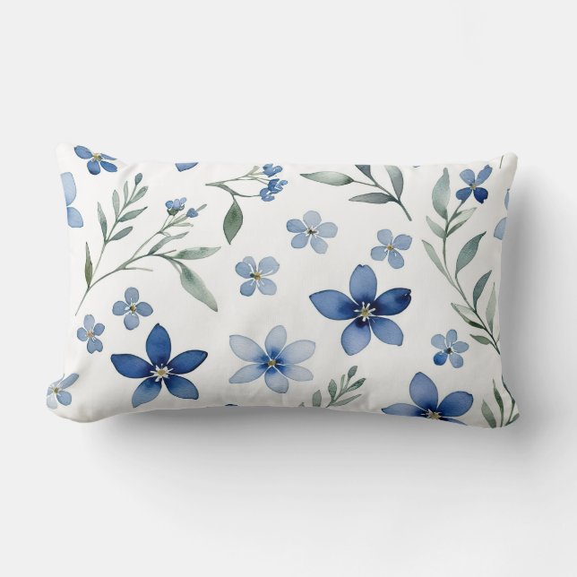 Blue Watercolor Floral Lumbar Cushion (Front)