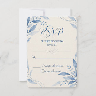 Blue Watercolor Floral Mediterranean Wedding RSVP Card