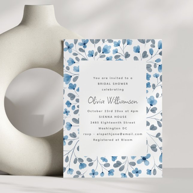 Blue Watercolor Floral Modern Bridal Shower Invitation (Creator Uploaded)