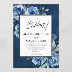 Blue watercolor floral modern whimsical wedding invitation