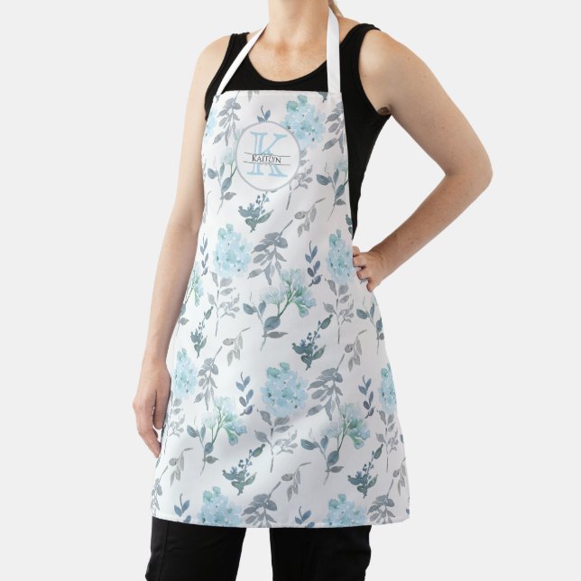 Blue Watercolor Floral Monogram Apron (Insitu)