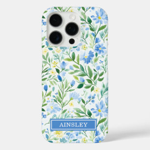 Blue Watercolor Floral Monogrammed iPhone 16 Pro Case