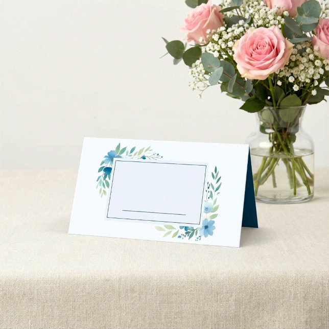 Blue Watercolor Floral Name Place Card (Blue Watercolor Floral Name Place Card.)