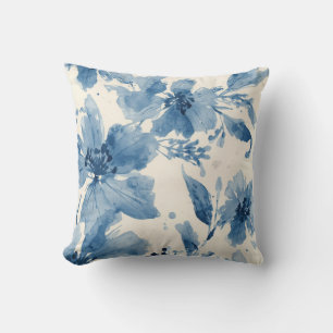 Blue Watercolor Floral Painted Botanical Whimsical Cushion