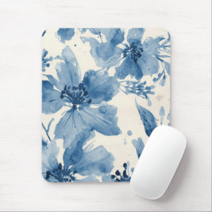 Blue Watercolor Floral Painted Botanical Whimsical Mouse Mat
