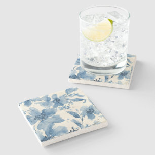 Blue Watercolor Floral Painted Botanical Whimsical Stone Coaster