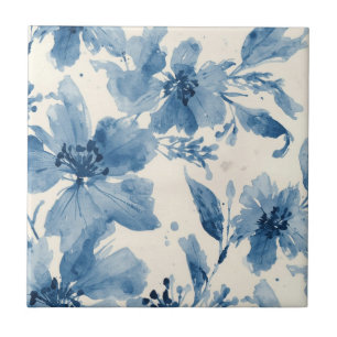 Blue Watercolor Floral Painted Botanical Whimsical Tile