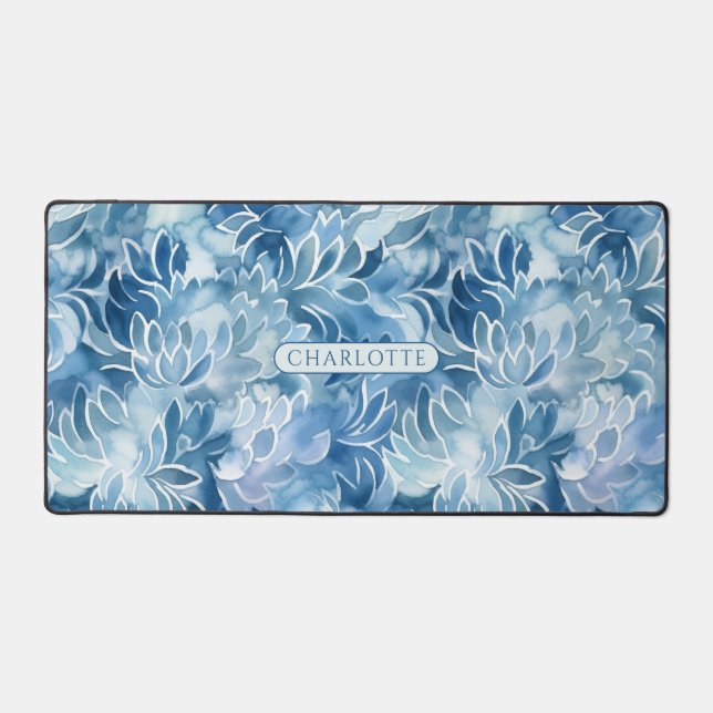 Blue Watercolor Floral Pattern Personalised Name Desk Mat (Front)