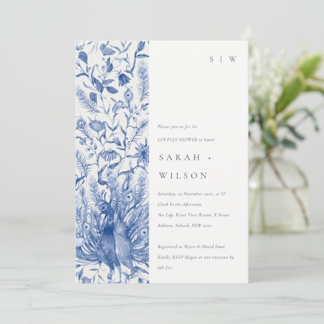 Blue Watercolor Floral Peacock Couples Shower Invitation (Standing Front)